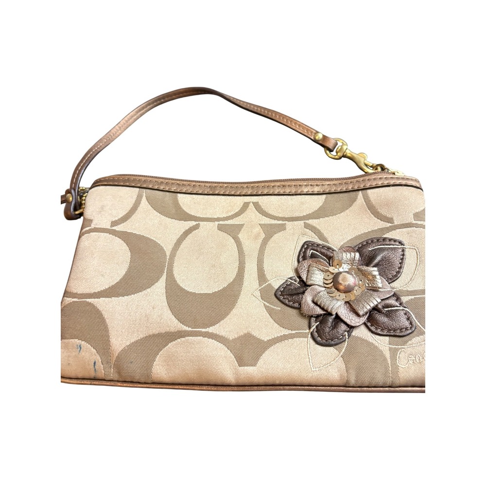 Coach Signature Jacquard Flower Wristlet Metallic Bronze Tan 3D Floral Bag